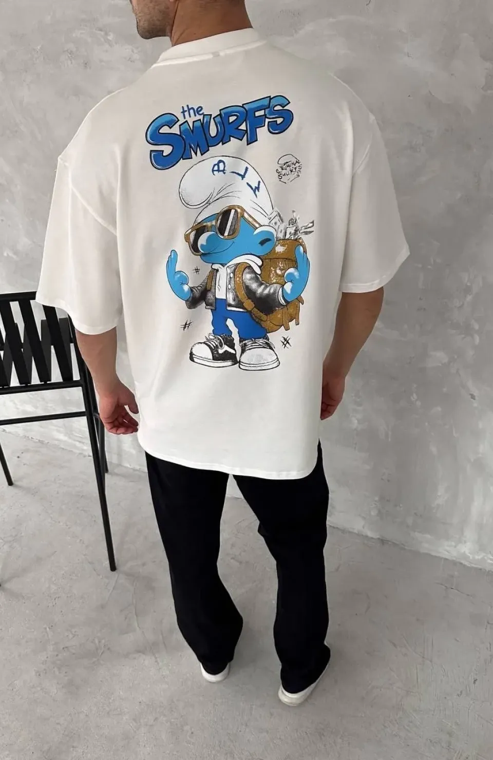 Ön ve Arka Baskılı Oversize Bisiklet Yaka T-shirt- Beyaz