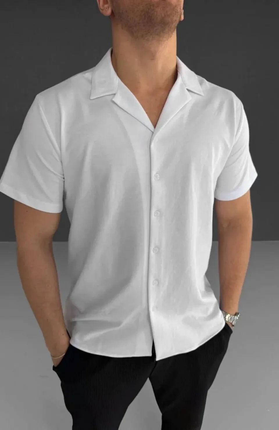 İki İplik Kumaş  Gömlek - Beyaz