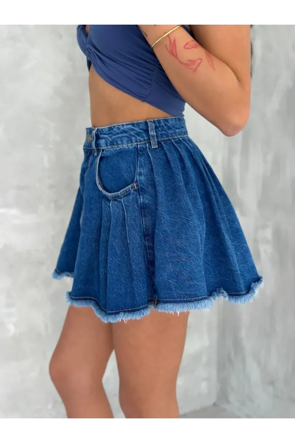 Şık Pileli Yazlık Mini Etekli Kot- Saks Mavisi