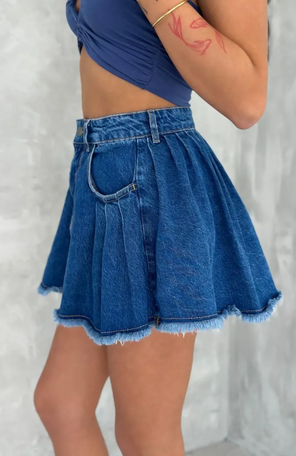 Şık Pileli Yazlık Mini Etekli Kot- Saks Mavisi