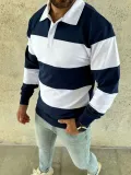 Erkek Polo Yaka Uzun Kollu Çizgili Sweatshirt Trend Rugby Stil - Lacivert