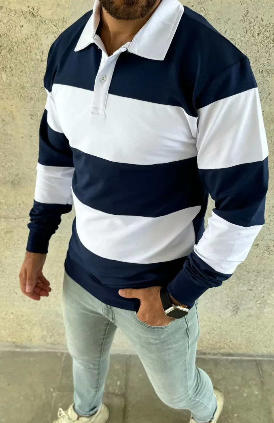 Erkek Polo Yaka Uzun Kollu Çizgili Sweatshirt Trend Rugby Stil - Lacivert