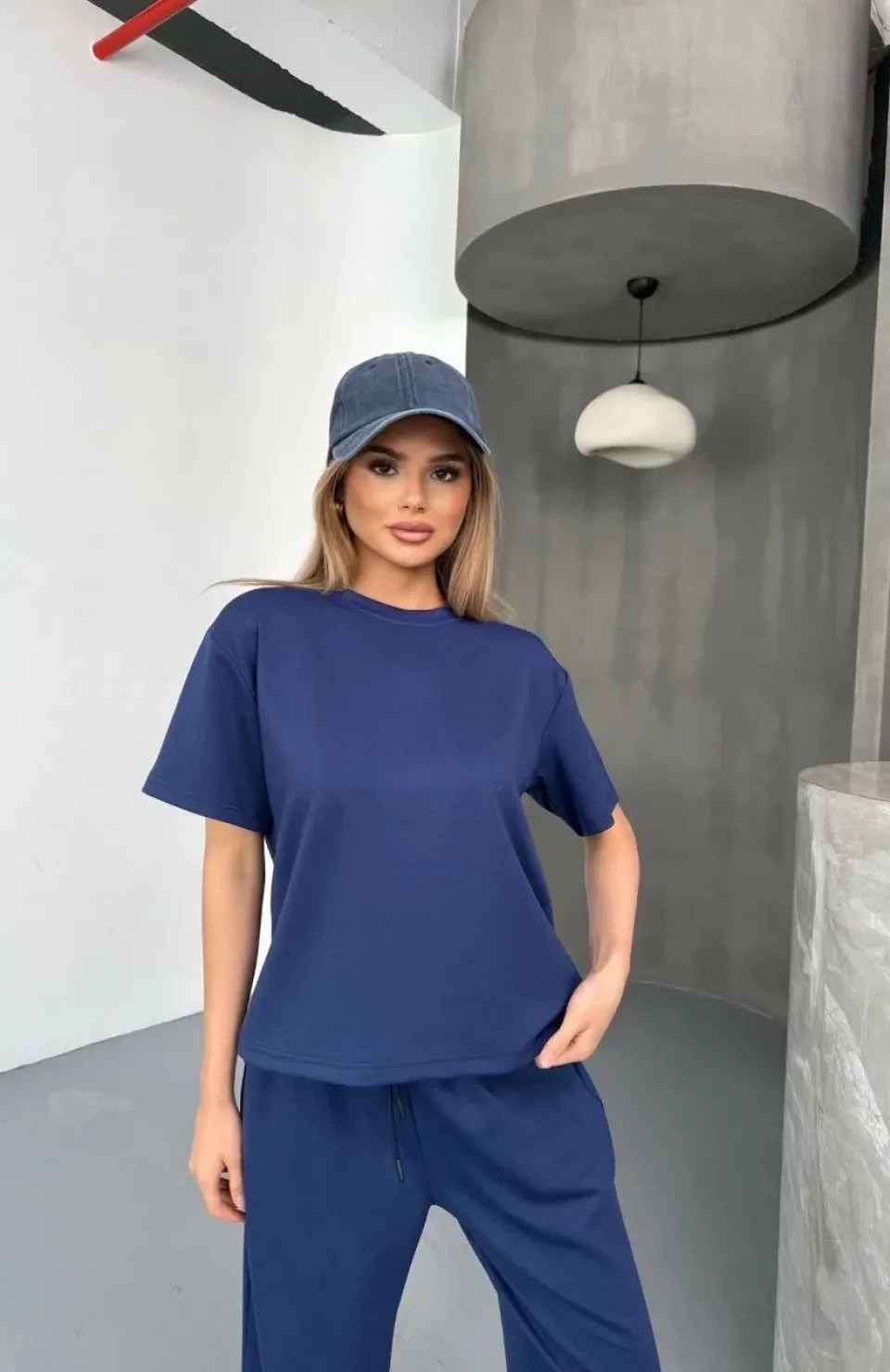 Osy Modal Yumuşak Dokulu Kumaş Kısa Kollu Bluz Rahat Pantalon ikili Takım- Lacivert