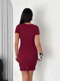 Kadın Bisiklet Yaka Kısa Kol Likralı Elbise - Bordo