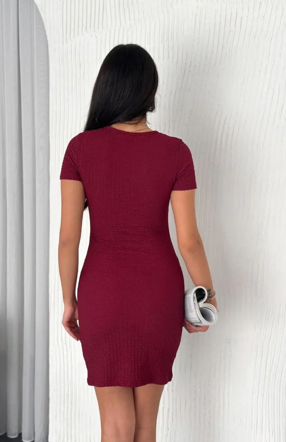 Kadın Bisiklet Yaka Kısa Kol Likralı Elbise - Bordo