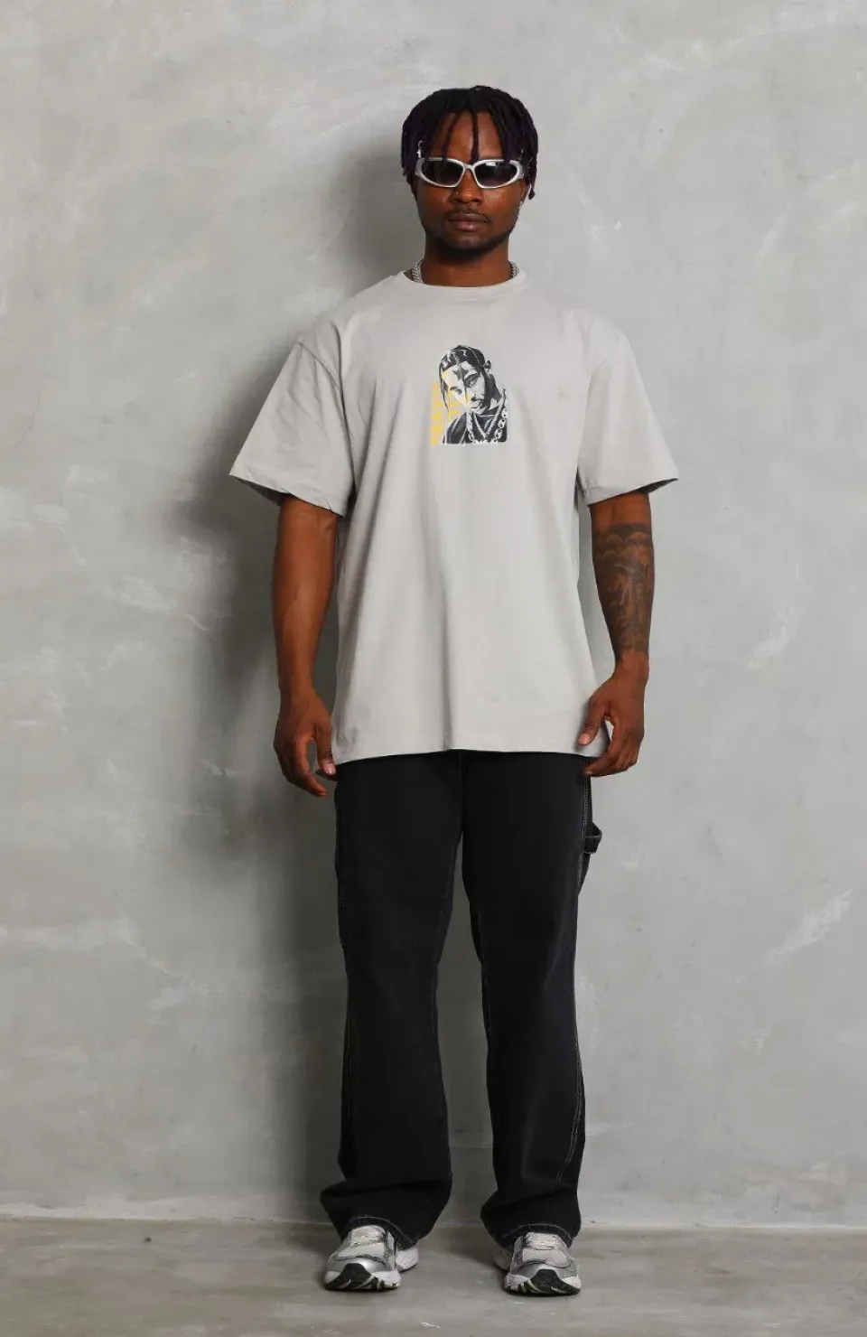 Unisex Oversize Baskılı Bisiklet Yaka T-Shirt - Gri