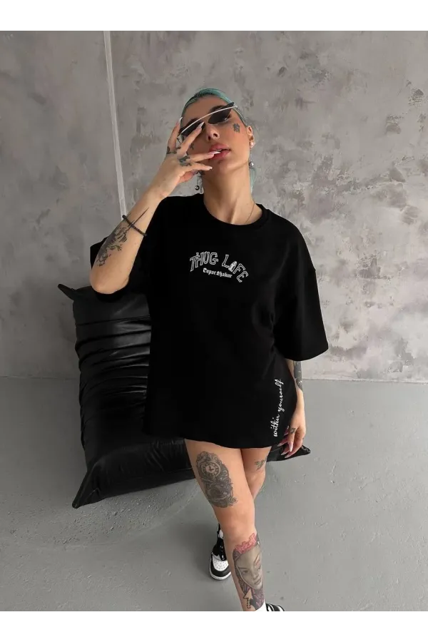 Unisex Baskılı Oversize T-Shirt - Siyah