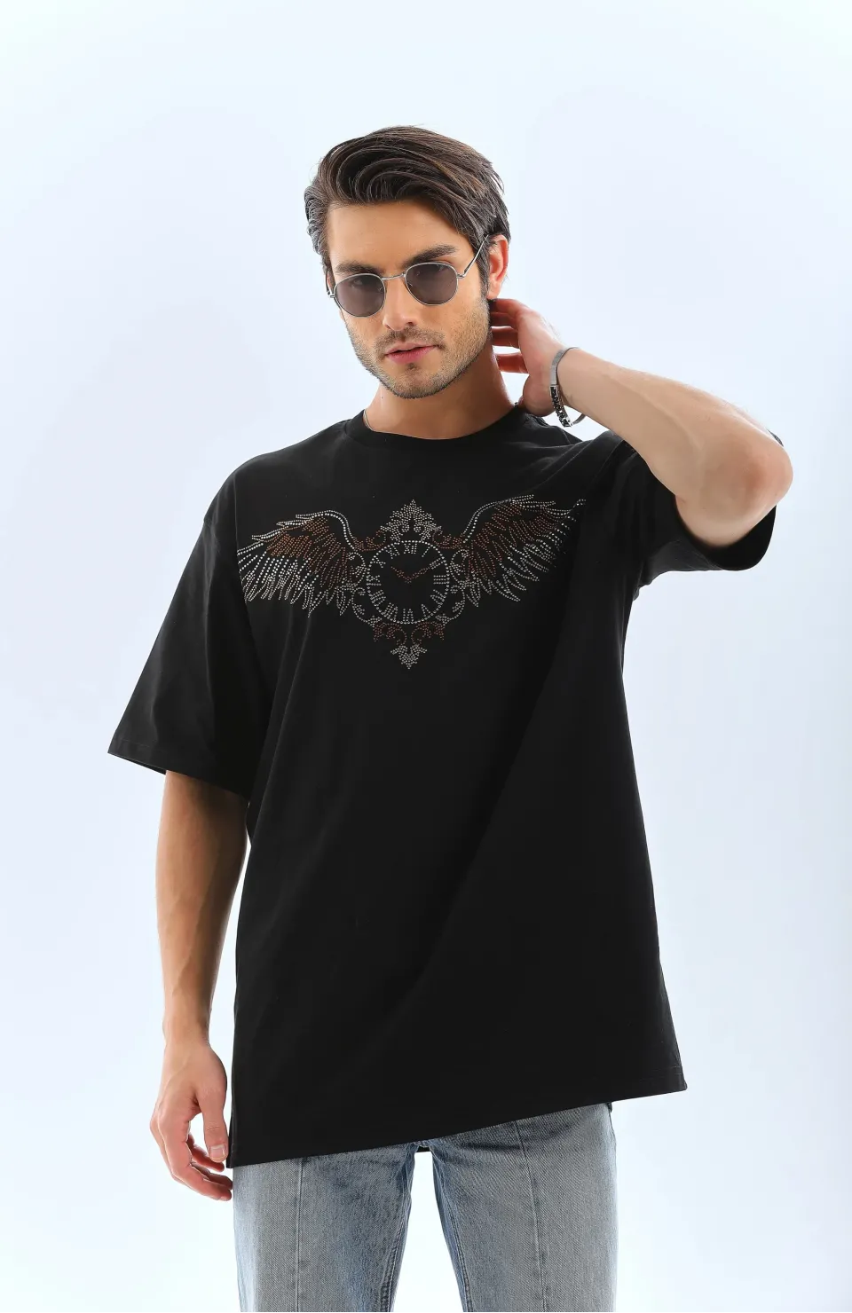 Unisex Oversize Taşlı Bisiklet Yaka T-Shirt - Siyah