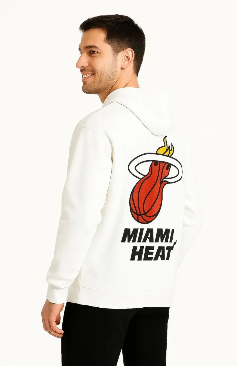 Erkek Kapşonlu Sweatshirt – Üç İplik Şardonlu Kumaş, Oversize Fit, Ön & Arka Baskılı, Kanguru Cepli, Kışlık Rahat Hoodie - Beyaz