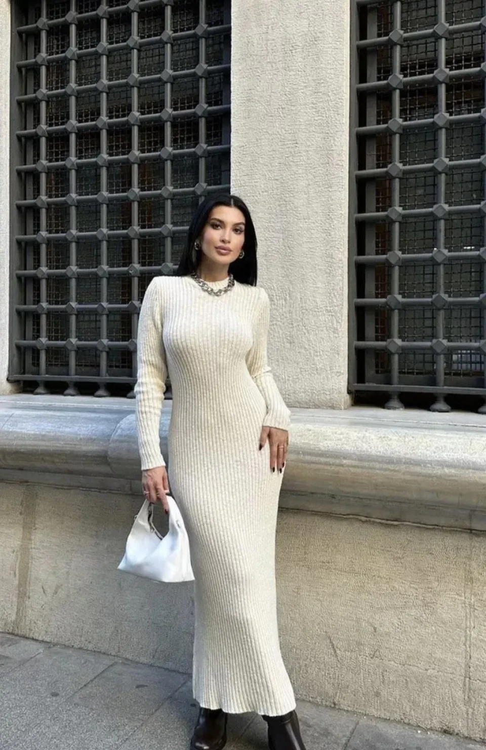 Bisiklet Yaka Fitilli Uzun Elbise - Beyaz