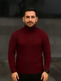 Erkek Balıkcı Yaka Bağazlı Triko Kazak Pamuklu Kalın Fitilli Dokuma, Regular Fit Uzun Kollu Kışlık Model - Bordo
