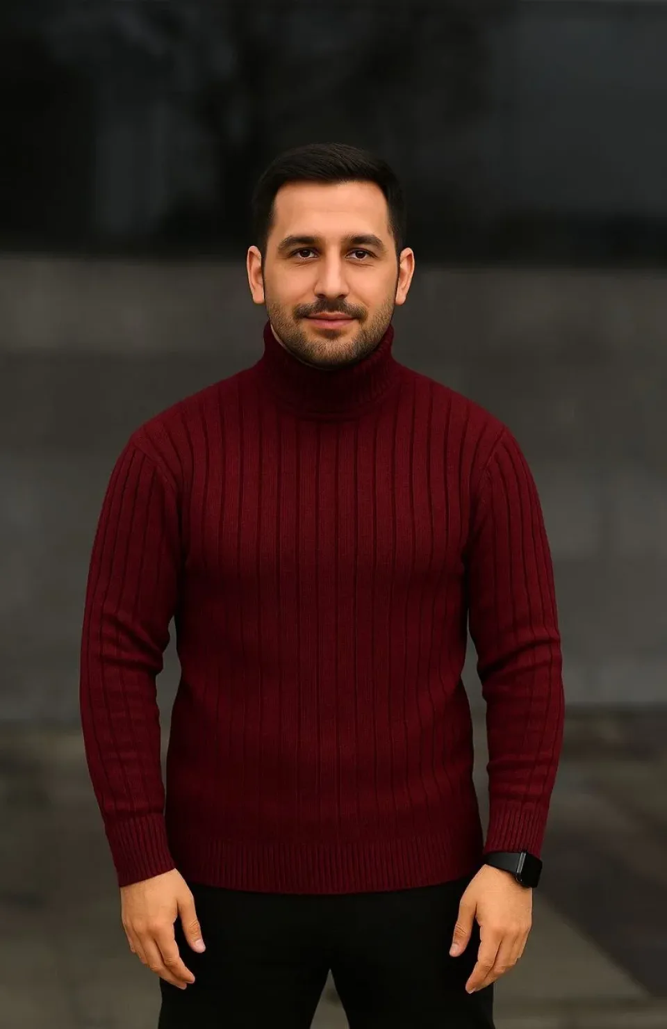 Erkek Balıkcı Yaka Bağazlı Triko Kazak Pamuklu Kalın Fitilli Dokuma, Regular Fit Uzun Kollu Kışlık Model - Bordo