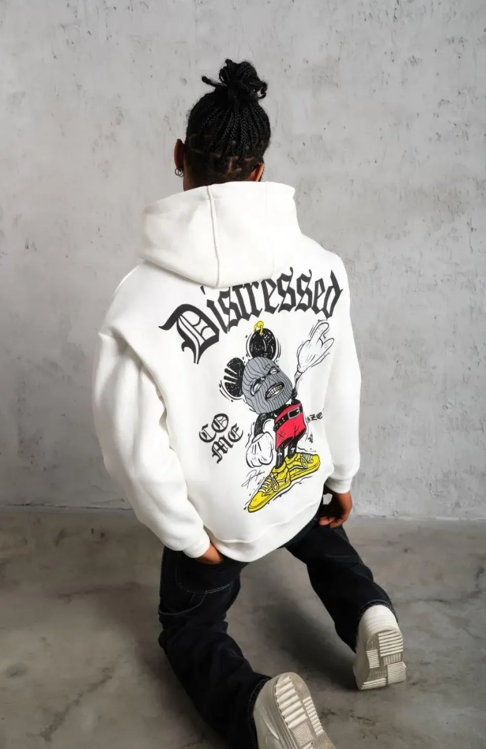 Erkek Üç İplik Baskılı Kapüşonlu Sweat - Beyaz