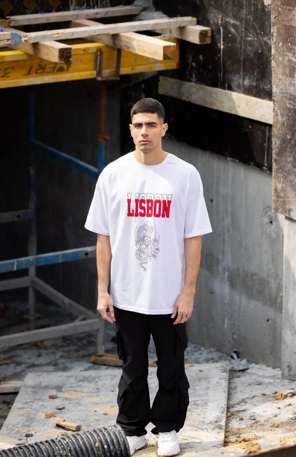 Unisex Bisiklet Yaka Baskılı Oversize T-Shirt - Beyaz