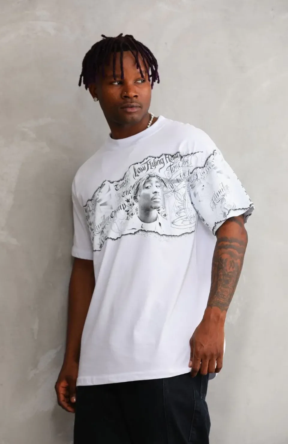 Unisex Bisiklet Yaka Baskılı Oversize T-Shirt - Beyaz