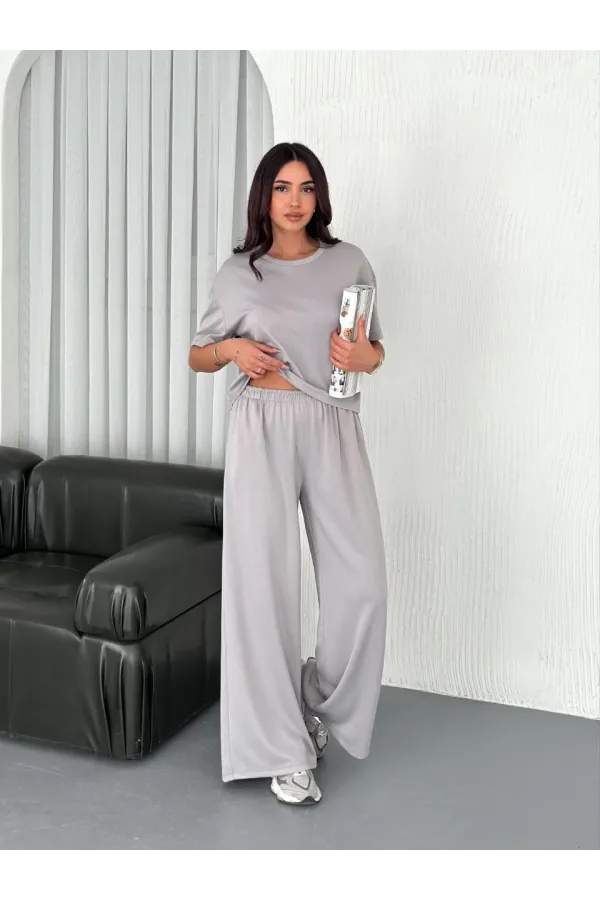 Osy Modal Yumuşak Dokulu Kumaş Bisiklet Yaka T-shirt Bol paça Pantalon ikili Takım - Boyalı Gri