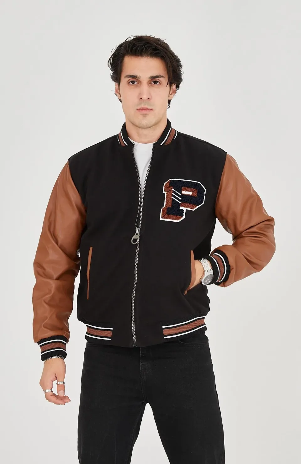 Erkek İçten Elyaf ve Astarlı Kolları Suni Deri Ceket - Kahverengi