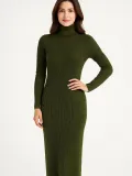 Kadın Boğazlı Triko Elbise – Uzun Fitilli Esnek Dokuma, Tam Kalıp, Kışlık & Baharlık Şık Rahat Stil, 130 cm Midi Boy Elbise - Haki