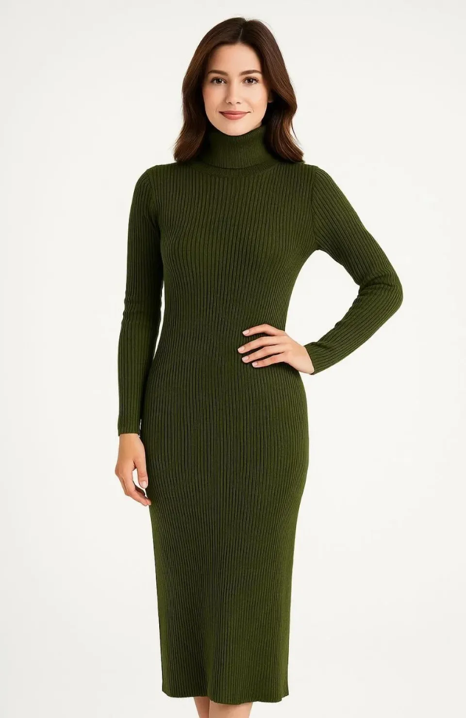 Kadın Boğazlı Triko Elbise – Uzun Fitilli Esnek Dokuma, Tam Kalıp, Kışlık & Baharlık Şık Rahat Stil, 130 cm Midi Boy Elbise - Haki