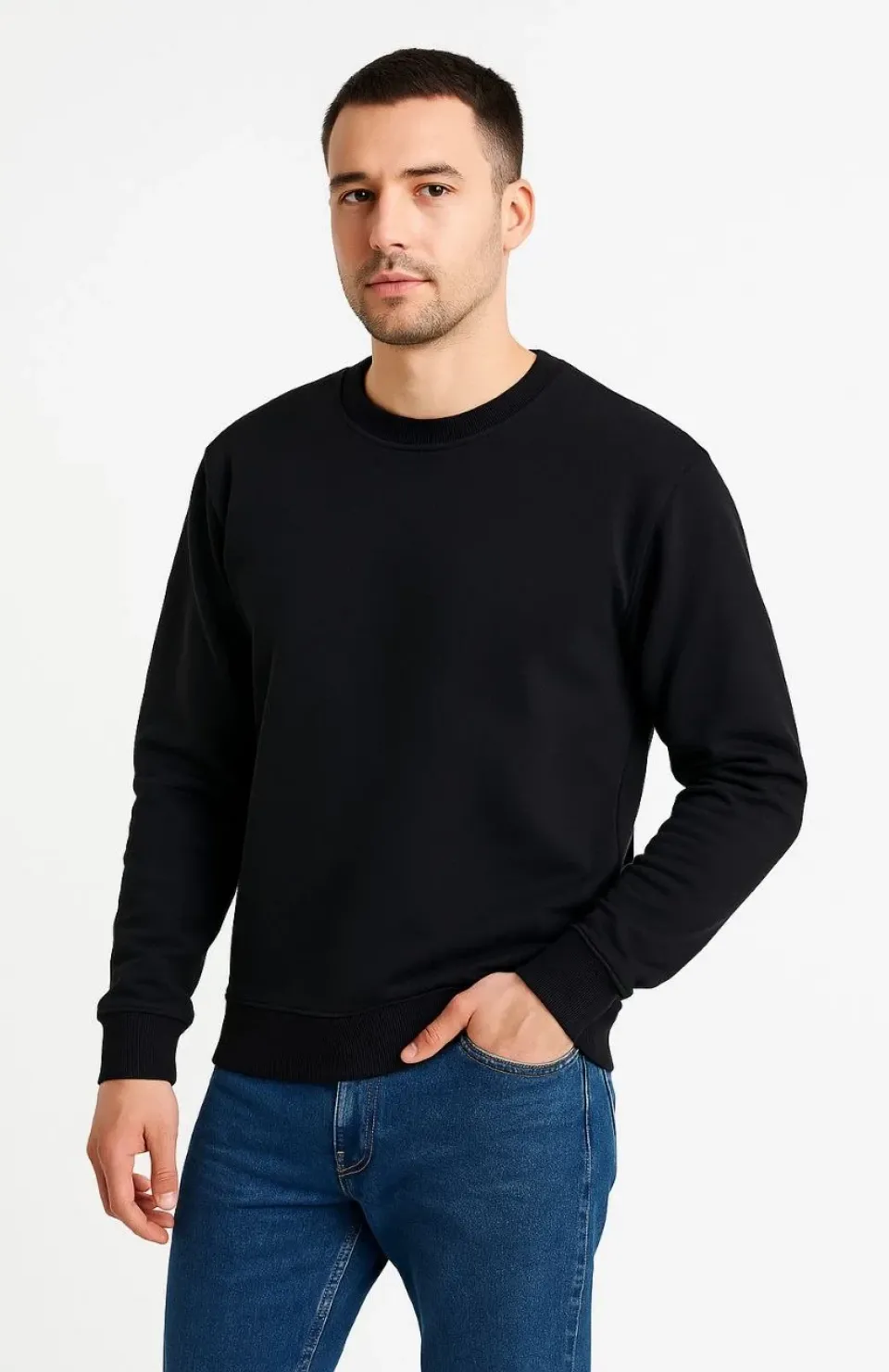 Erkek Üç İplik Düz Bisiklet Yaka SweatShirt - Siyah