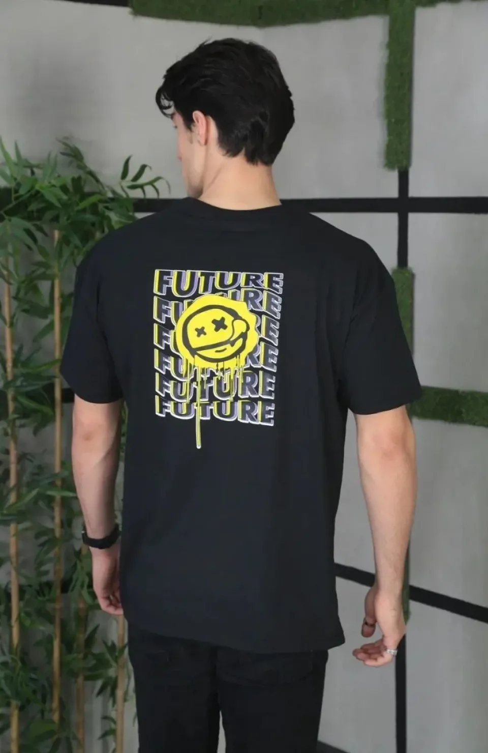 Unisex Bisiklet Yaka Baskılı Oversize T-Shirt - Siyah