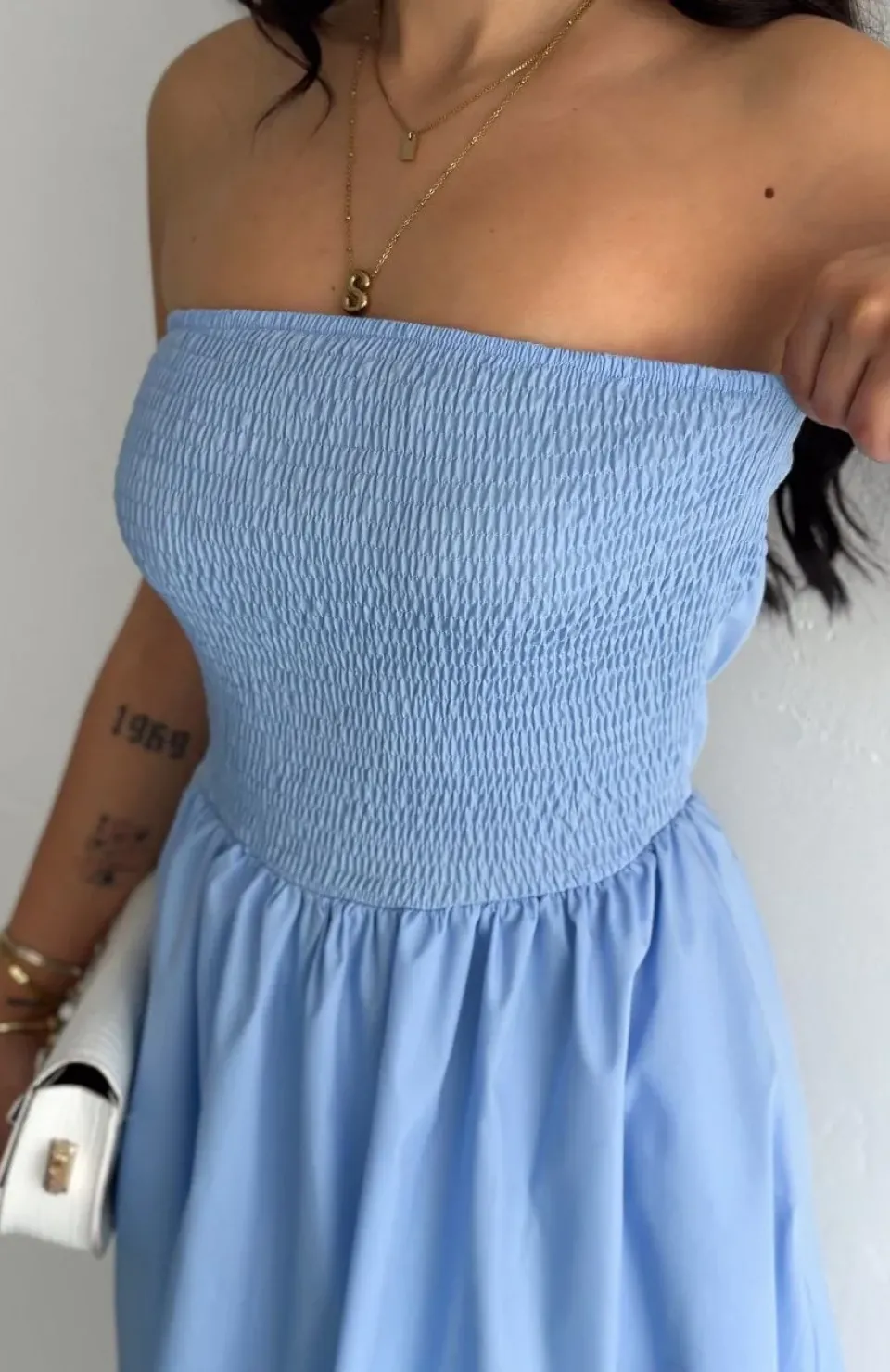 Straplez Pileli Elbise - Açık Mavi