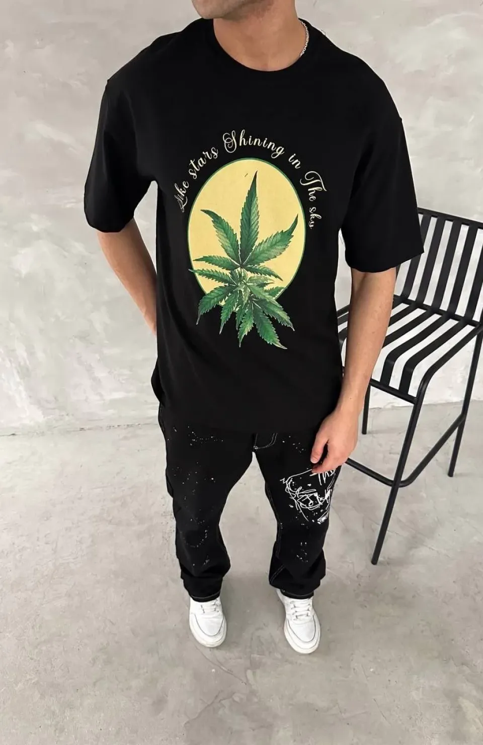 Ön ve Arka Baskılı Oversize Bisiklet Yaka T-shirt- Siyah