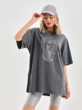 Unisex Taş Desenli Oversize T-Shirt - Füme