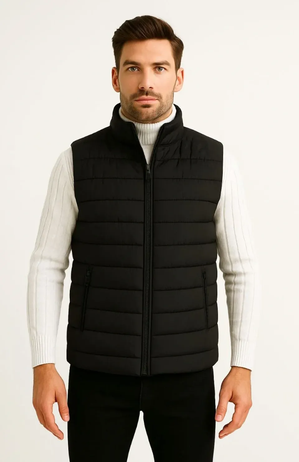 Erkek Şişme Fermuarlı Yelek Su itici Kapitone Astarlı Kumaş Cepli Hafif Kışlık Spor Rahat Kalıp - Siyah Somersan Giyim | Kadın, Erkek ve Çocuk Moda