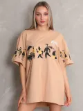 Unisex Bisiklet Yaka Baskılı Oversize T-Shirt - Bej