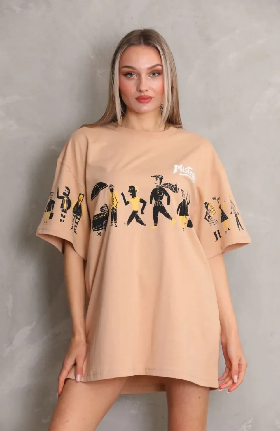 Unisex Bisiklet Yaka Baskılı Oversize T-Shirt - Bej