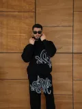 Erkek Kapüşonlu Eşofman Takım Graffiti Baskılı Oversize Rahat Kalıp, Kanguru Cepli, Streetwear Tarzında Premium Ürün 3 iplik Pamuklu - Siyah