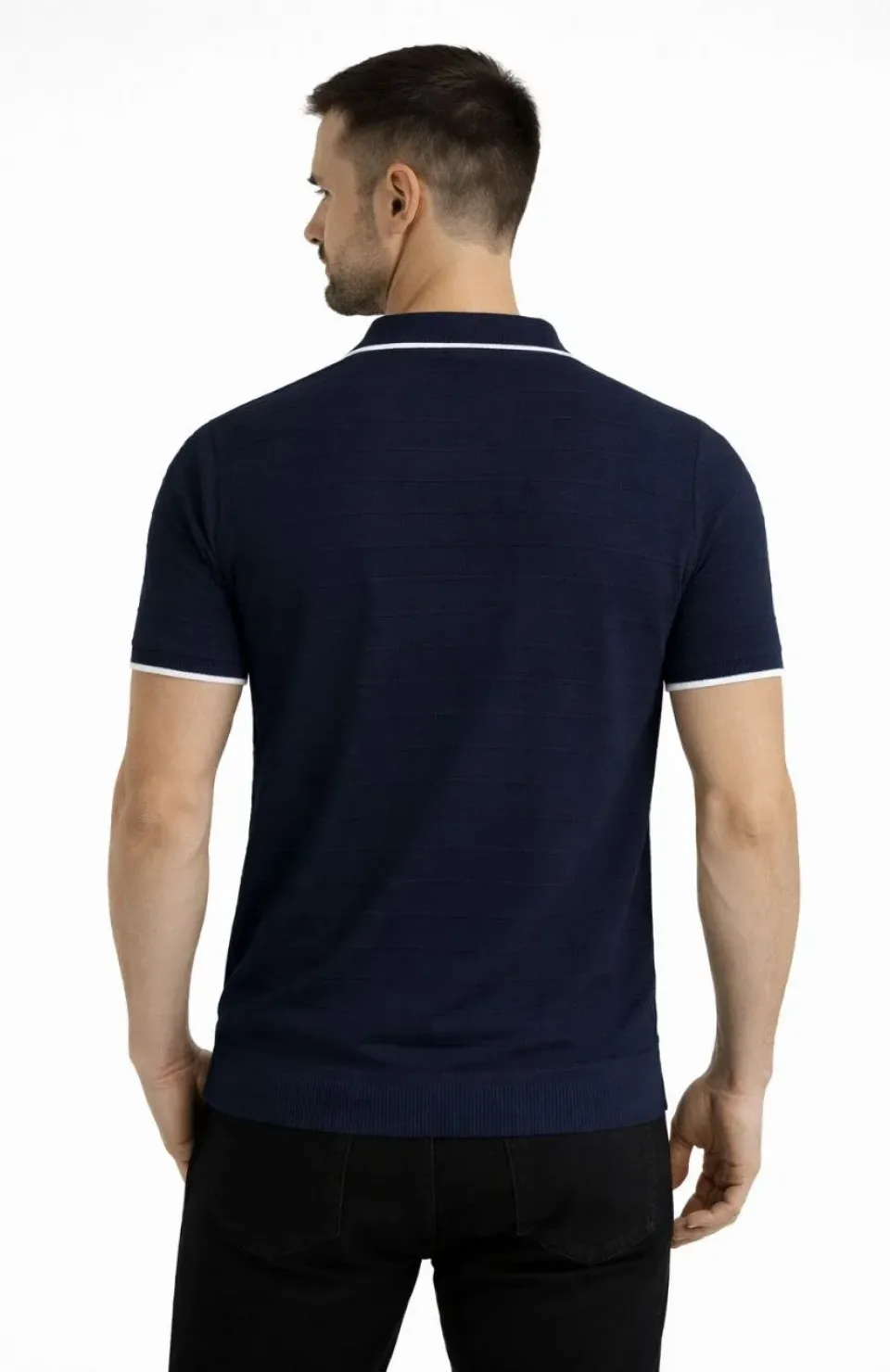 Erkek Triko Kumaş Yakalı Düğmesiz Açık Yaka Fitilli Kısa Kollu Regular Fit Tişört T-shirt - Lacivert Somersan Giyim | Kadın, Erkek ve Çocuk Moda