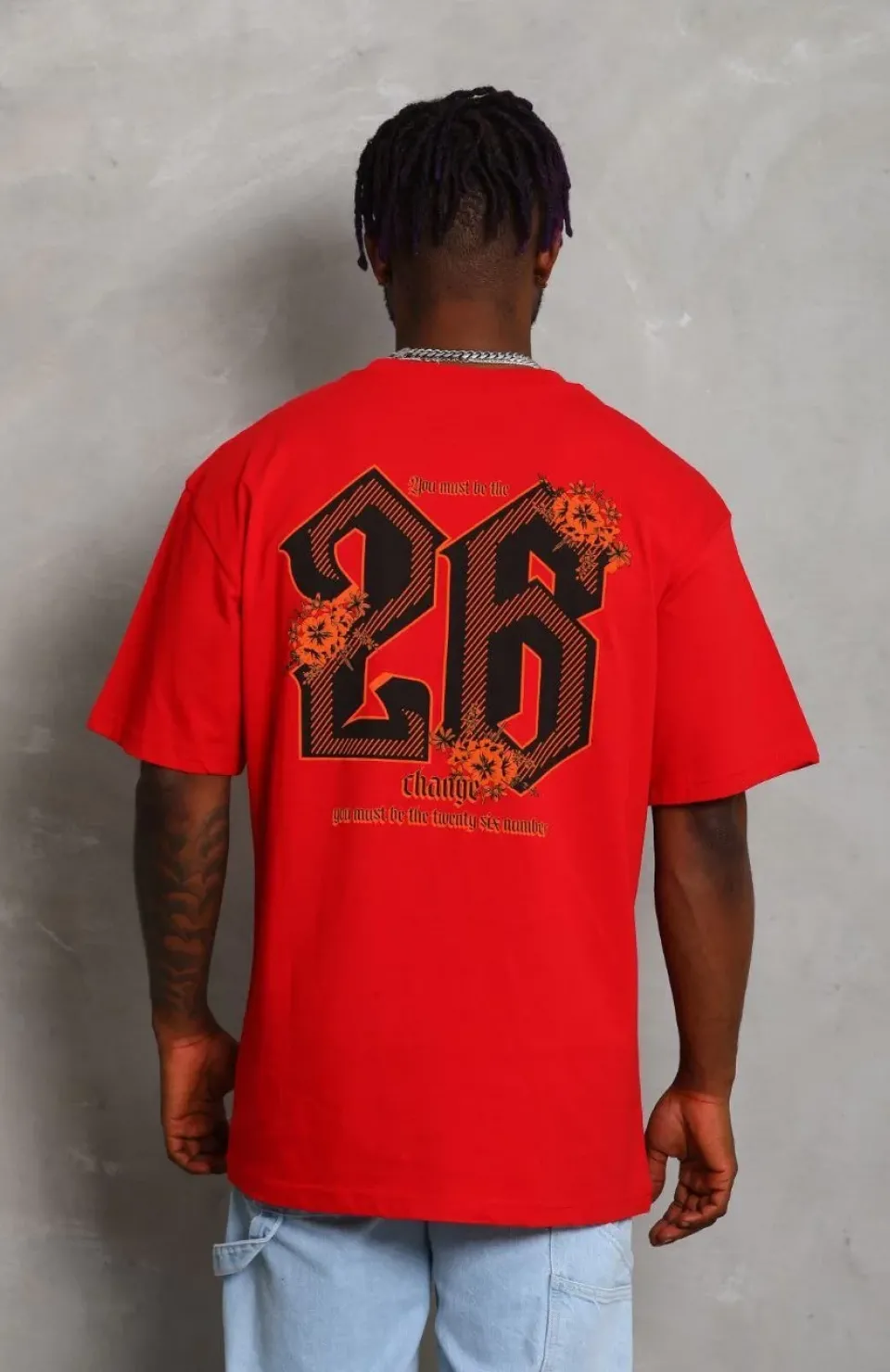 Unisex Oversize Baskılı Bisiklet Yaka T-Shirt - Kırmızı