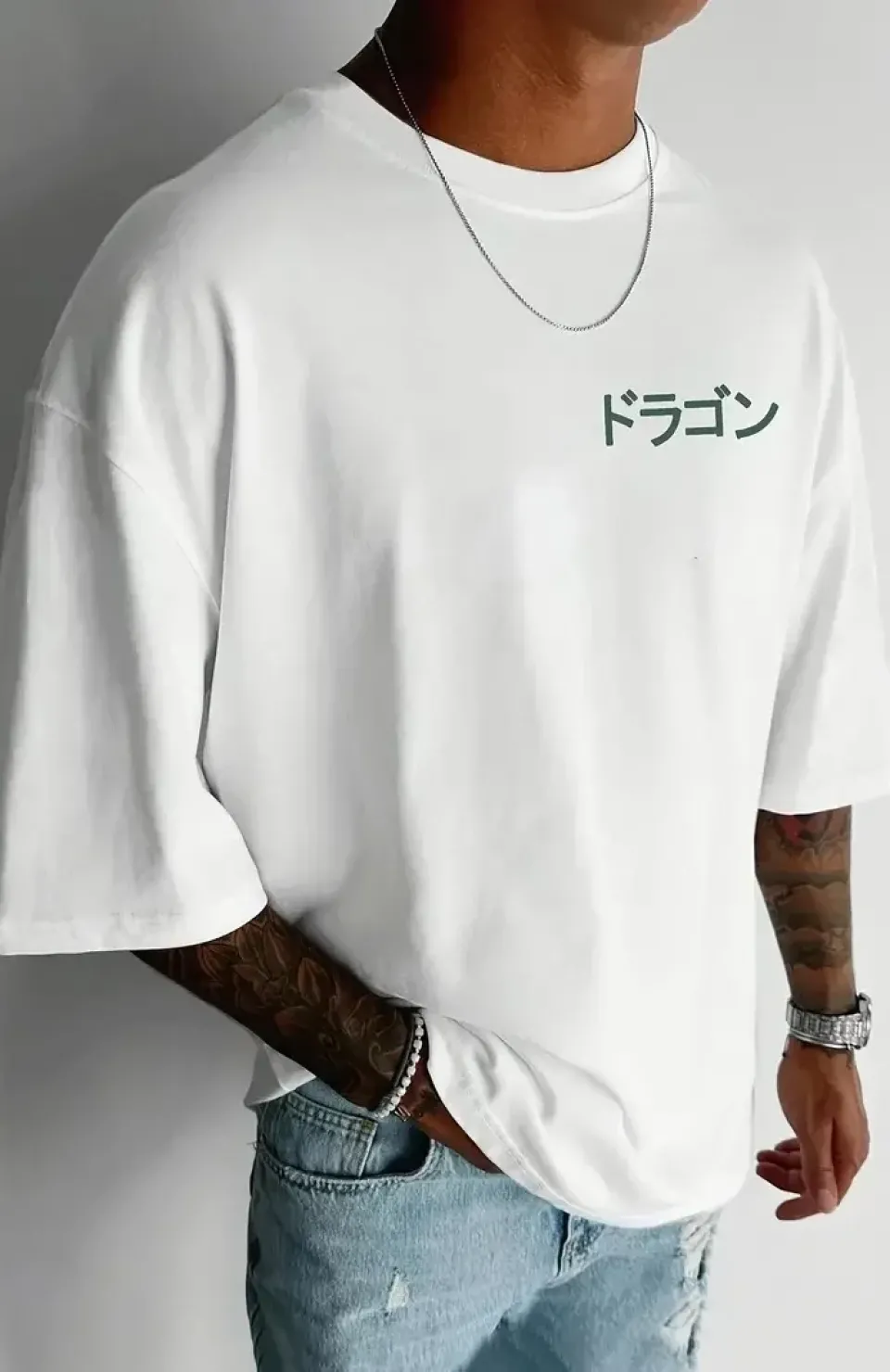 20/1 Penye Compack Ön Arka Ejder Baskılı Oversize Bisiklet Yaka T-shirt - Beyaz