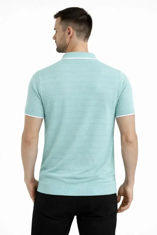 Erkek Triko Kumaş Yakalı Düğmesiz Açık Yaka Fitilli Kısa Kollu Regular Fit Tişört T-shirt - Mint yeşili