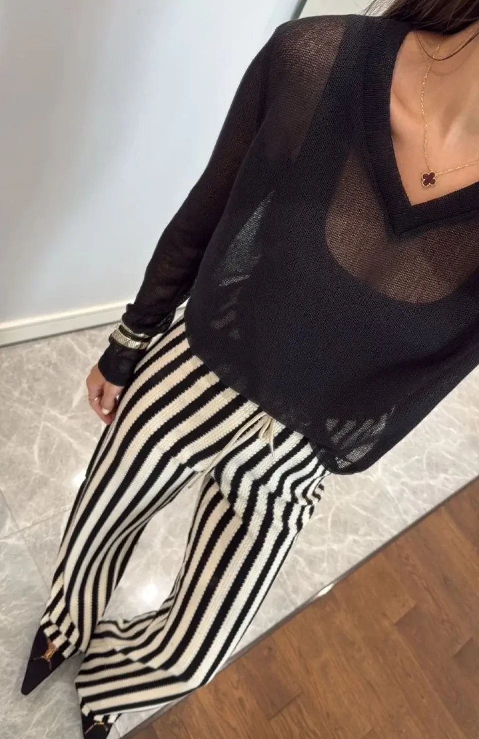 V Yaka uzun Kollu Triko ince Bluz - Siyah