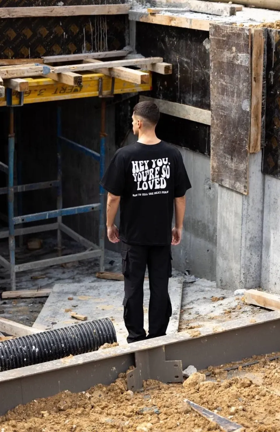 Unisex Bisiklet Yaka Baskılı Oversize T-Shirt - Siyah