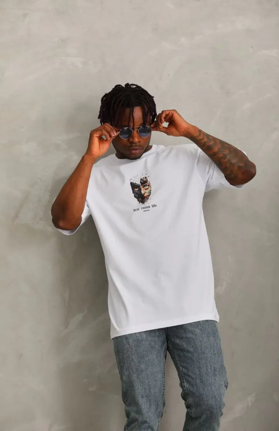 Unisex Oversize Baskılı Bisiklet Yaka T-Shirt - Beyaz