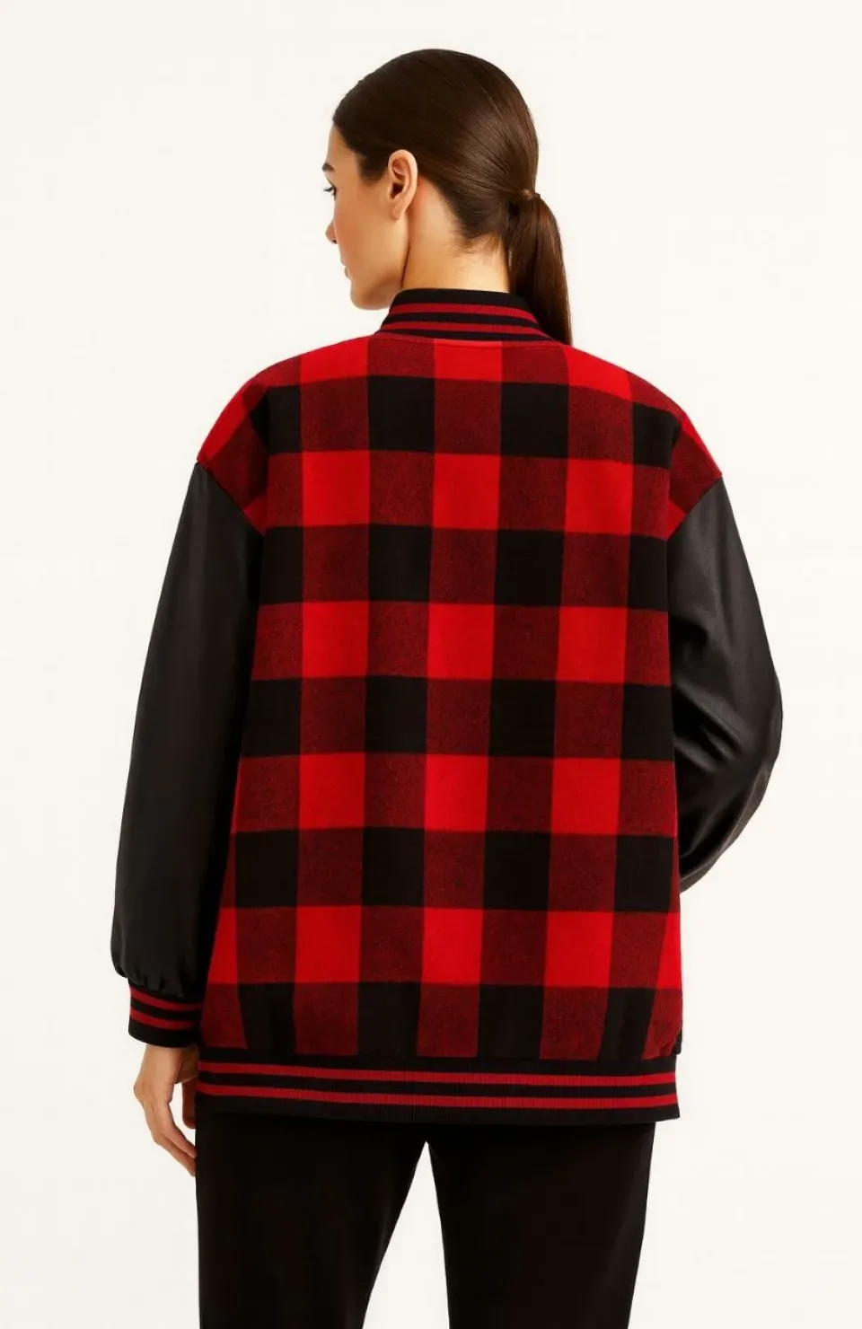 Kadın Kolej Ceket – Kareli Oduncu Kumaş, Kolları Suni Deri, Fermuarlı, İçi Kapitone Astarlı, Nakışlı Oversize Bahar & Kış Stil - Bordo