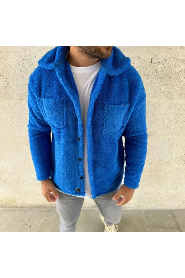 Erkek Pelüş Polar Hırka Gömlek – Yakalı, İlik Düğmeli, Göğüs Cepli, Yumuşak Dokulu Kışlık Regular Fit Rahat Günlük Model - Saks Mavisi