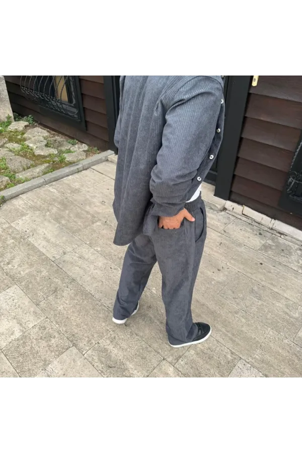 Erkek Fitilli Kadife Cepli Buggy Pantolon Oversize Rahat Kalıp - Füme