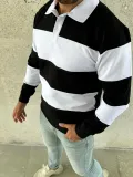 Erkek Polo Yaka Uzun Kollu Çizgili Sweatshirt Trend Rugby Stil - Siyah