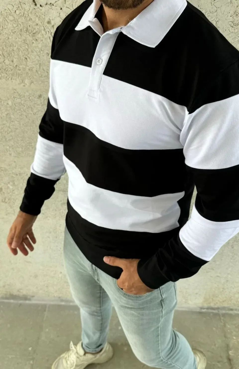 Erkek Polo Yaka Uzun Kollu Çizgili Sweatshirt Trend Rugby Stil - Siyah