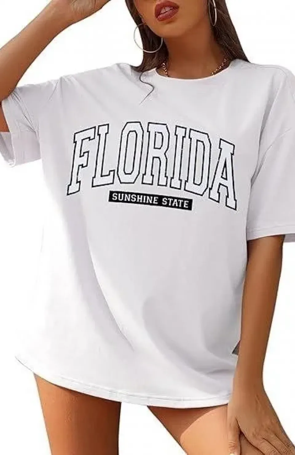 Kadın Bisiklet Yaka Baskılı T-shirt - Beyaz