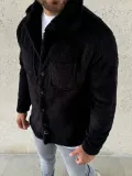Erkek Pelüş Polar Hırka Gömlek – Yakalı, İlik Düğmeli, Göğüs Cepli, Yumuşak Dokulu Kışlık Regular Fit Rahat Günlük Model - Siyah