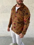 Erkek Yarım Fermuarlı Desenli Polar Sweat Tribal Etnik Desen Yakalı, Uzun Kollu, Oversize Rahat Kalıp, - Kahverengi