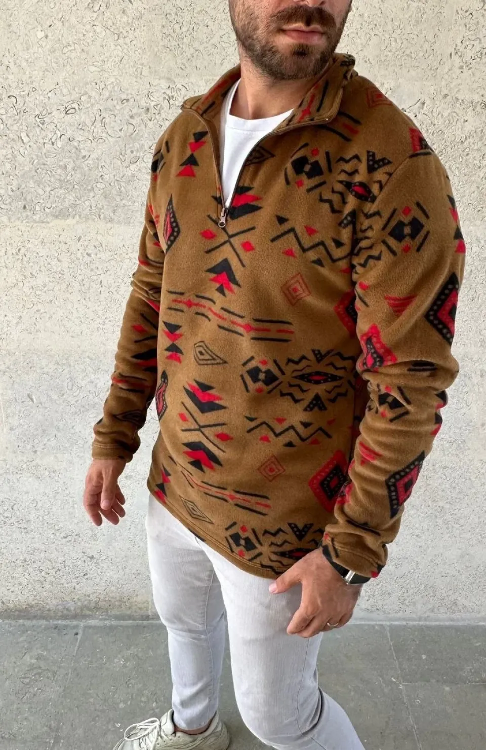 Erkek Yarım Fermuarlı Desenli Polar Sweat Tribal Etnik Desen Yakalı, Uzun Kollu, Oversize Rahat Kalıp, - Kahverengi