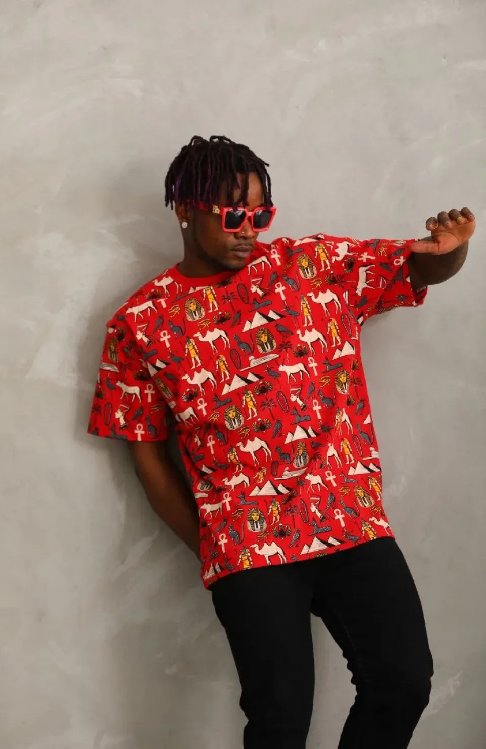 Unisex Oversize Baskılı Bisiklet Yaka T-Shirt - Kırmızı