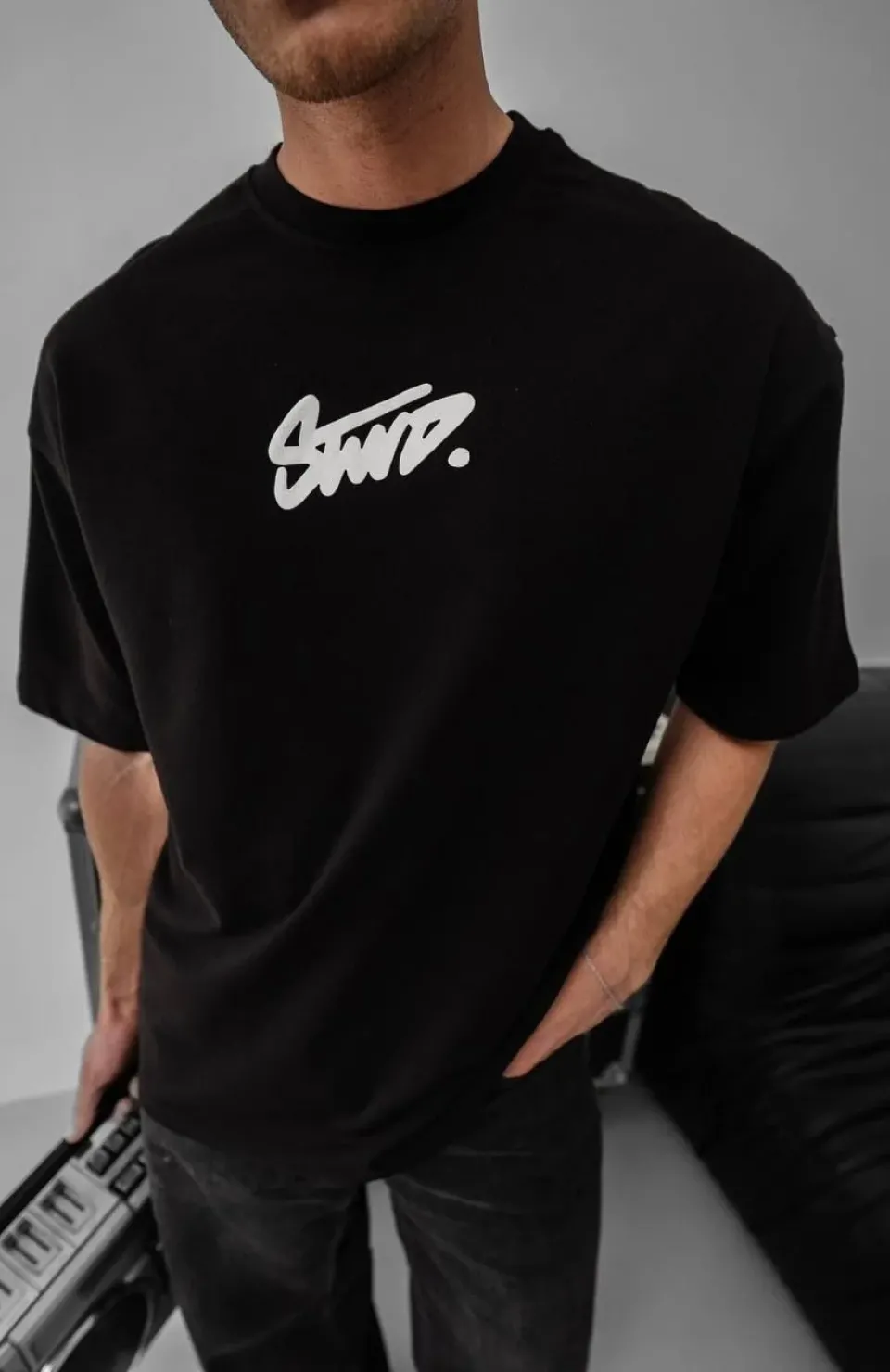 Erkek Baskılı Oversize T-shirt - Siyah